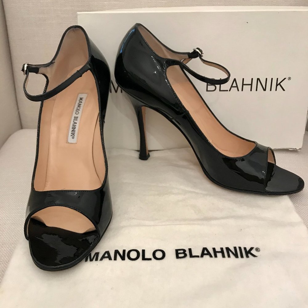 Manolo Blahnik Black Patent Leather Peep-Toe Heels
